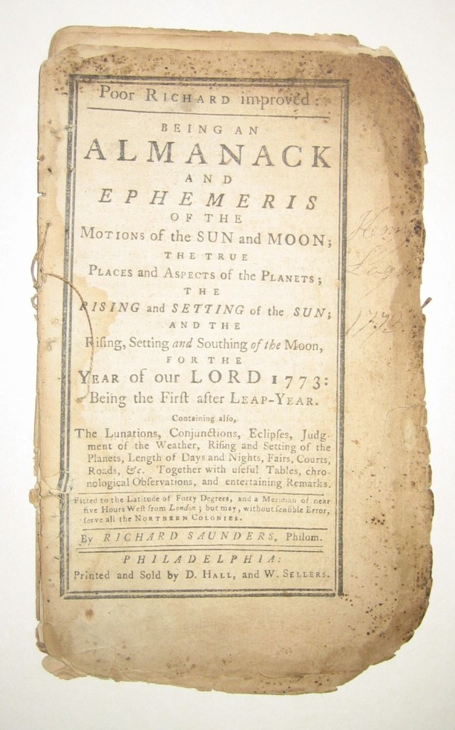 (ALMANACS.) Saunders, Richard. Poor Richard Improved, being an Almanack and Ephemeris . . . for the Year of our Lord 1773.